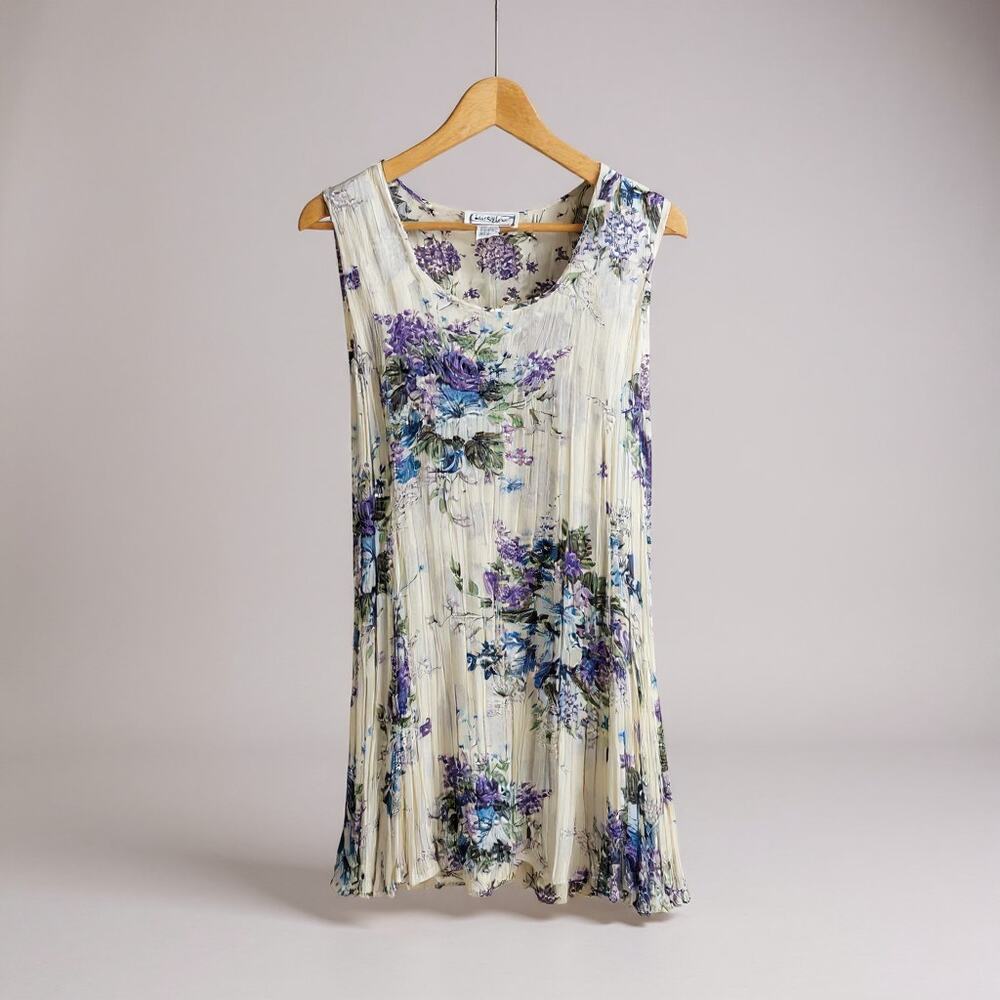 Nostalgia Vintage Crinkle Floral Dress Cream Purple Sleeveless Mini Size M